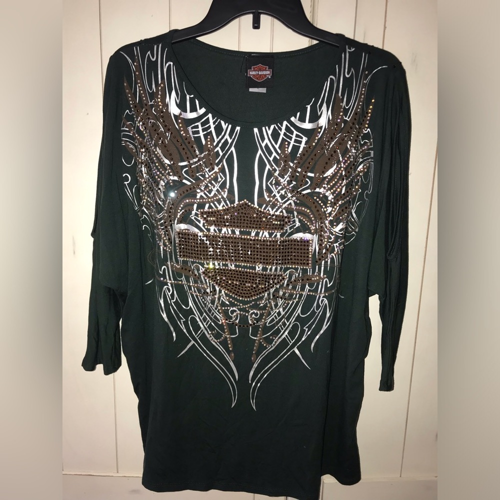 Harley Davidson Beautiful Green Brown‎ Rhinestone Top